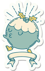 sticker of a tattoo style christmas pudding character walking