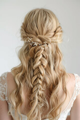 wedding hair, braided blonde hair, white background, isolated image, flower decorated hair, Back view of blonde hair 