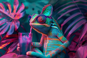 neon lit chameleon enjoying a cool beverage among lush tropical flora