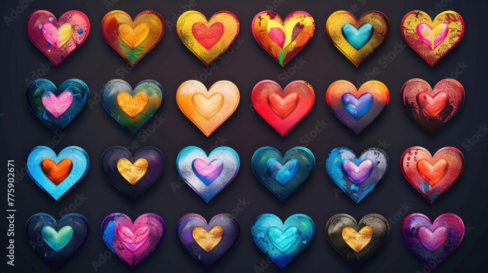 Poster a collection of vibrant hearts on a dark backdrop. perfect for various design projects