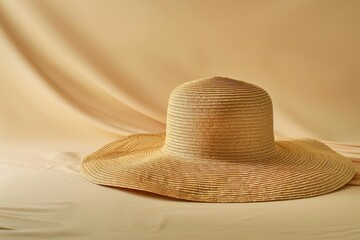 A large straw hat placed on top of a bed. Suitable for fashion or summer themed designs