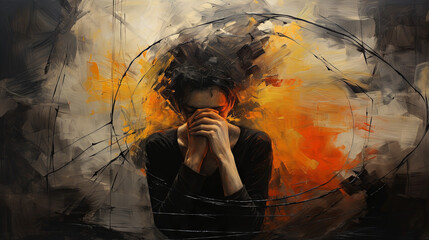 Oil painting. Upset woman in despair in expressionism style - obrazy, fototapety, plakaty