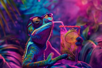 chameleon enjoying a tropical cocktail in a neon-lit rainforest setting