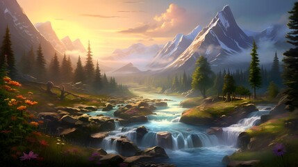 Beautiful panoramic landscape of mountain river and forest at sunrise