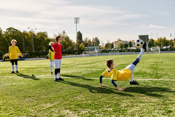 A diverse group of young individuals playing an intense game of soccer on a lush green field. They are dribbling, passing, and shooting the ball, displaying their skill and teamwork.