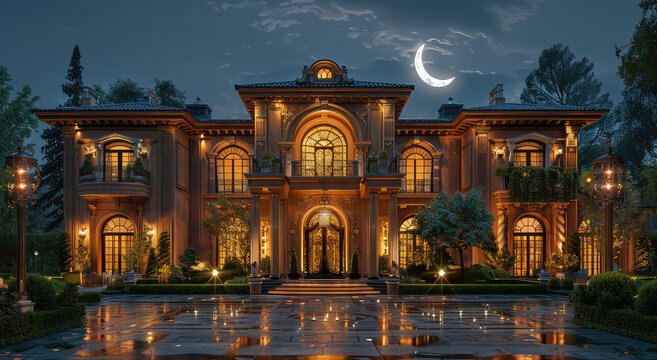 A wide angle shot of the front view of an ultra luxurious mansion with a massive driveway, large windows and arches at night under moonlight. Created with Ai