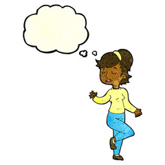 cartoon dancing woman with thought bubble