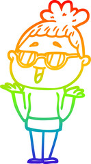 rainbow gradient line drawing of a cartoon happy woman wearing spectacles
