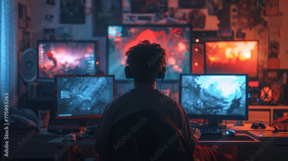 Poster a man is sitting in front of a computer with four monitors. he is wearing headphones and he is playi