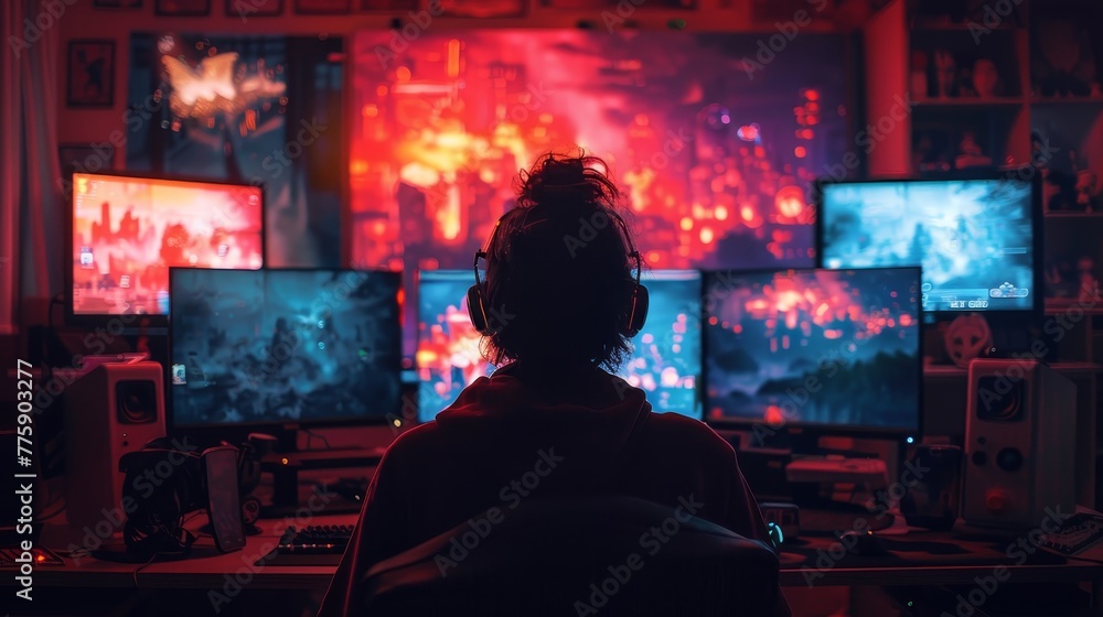 Poster a woman is sitting in front of a computer monitor with a city scene on it. she is wearing headphones
