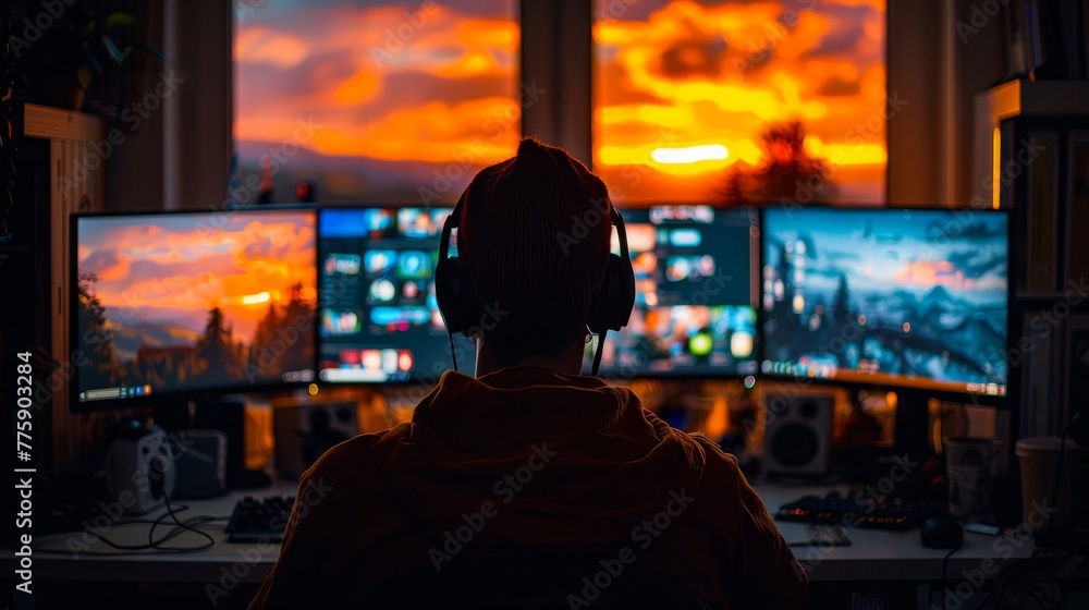 Poster a man is sitting in front of a computer with three monitors and headphones on. the sun is setting in