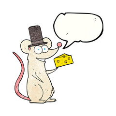 freehand speech bubble textured cartoon mouse with cheese