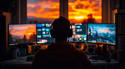 A man is sitting in front of a computer with three monitors and headphones on. The sun is setting in the background, creating a warm and cozy atmosphere. The man is focused on his work