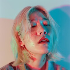 Fototapeta premium A poignant skincare portrait captures a moment of tears from a young Asian model aged 20, with blonde hair against a soft gradient backdrop