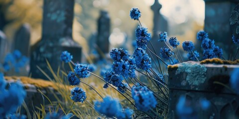 A cemetery scene with blue flowers in the foreground. Suitable for various memorial and remembrance concepts