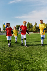 A diverse group of enthusiastic young boys stand proudly at the top of a soccer field, looking out at the horizon with determination and joy after a game.