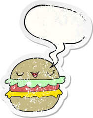 cartoon burger with speech bubble distressed distressed old sticker