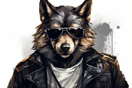 A wolf exuding coolness, wearing aviator sunglasses and a leather jacket, showcasing a unique and stylish appearance