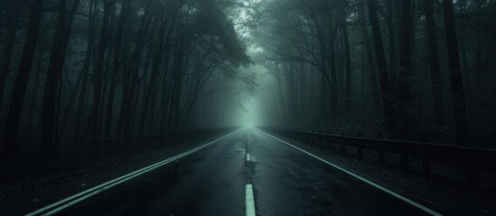 Road in dark foggy forest. Loneliness and sadness concept - obrazy, fototapety, plakaty