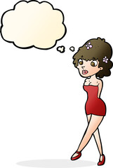 cartoon woman posing in dress with thought bubble