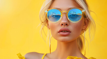 A woman with blonde hair and blue sunglasses in front of a yellow background. american women, wearing high end fashion sunglasses with clear frames and blue tint lenses.