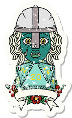 Retro Tattoo Style half orc fighter with natural twenty dice roll