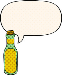 cartoon potion bottle with speech bubble in comic book style