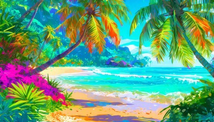 Fototapeta na wymiar A vibrant summer vacation background wallpaper featuring palm trees, sandy beaches, and azure waters, evoking the allure of a tropical getaway