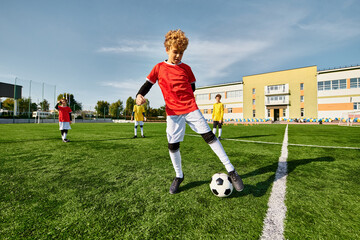 A talented young boy is skillfully kicking a soccer ball on a green field, showcasing his agility...