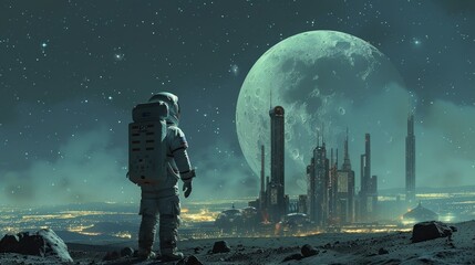 A man in a spacesuit stands on a rocky surface looking up at a large moon. The scene is set in a futuristic city with tall buildings and a large space station. Scene is one of wonder and exploration - obrazy, fototapety, plakaty