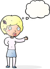 cartoon waving woman with thought bubble