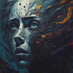 Whispers in the Dark: Navigating the Depths of Anxiety, Mental Health Metaphors, State of Mind, Surreal Mental Health Art, Abstract, Painting, Illustration - obrazy, fototapety, plakaty