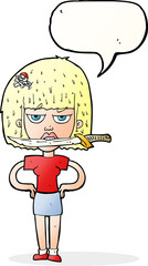 cartoon woman with knife between teeth with speech bubble