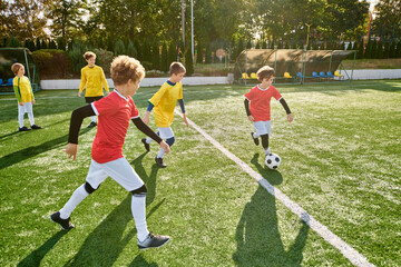 A group of young boys enthusiastically playing a game of soccer on a green field. They are running, kicking the ball, and cheering each other on, displaying teamwork and sportsmanship.