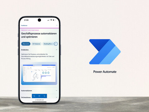 Microsoft Power Automate Website wird auf einem Smartphone angezeigt, Logo daneben, SaaS-Plattform von Microsoft zur Optimierung, Automatisierung von Arbeitsabl&auml;ufen, Gesch&auml;ftsprozess, Power Platform