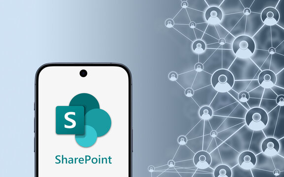 Microsoft Sharepoint logo is displayed on a smartphone, gray background with symbolic linked contacts, collaboration, Microsoft 365, team management, file sharing, organization, cloud