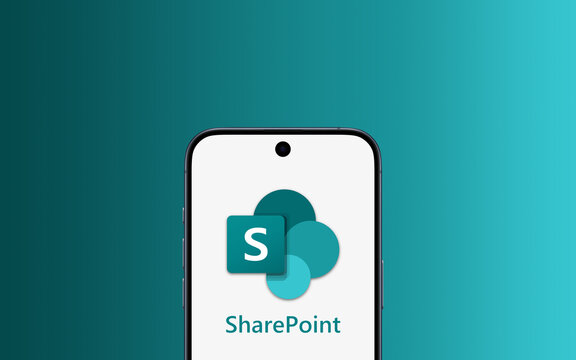 Microsoft Sharepoint logo is displayed on a smartphone, cyan gradient which reflects the colors of the logo behind it, collaboration, Microsoft 365, team management, file sharing, organization, cloud