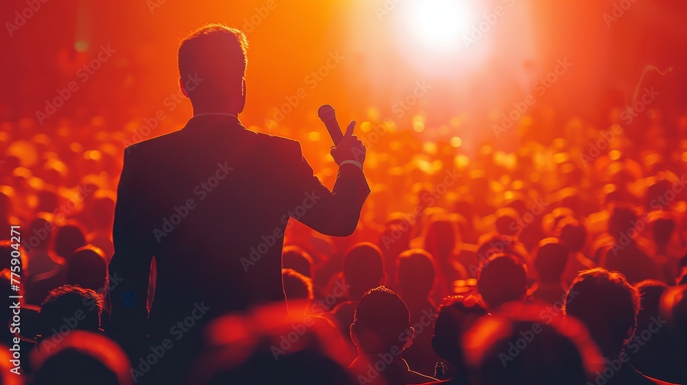 Poster a man stands on stage in front of a crowd of people. he is holding a microphone and is pointing to t