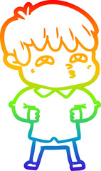 rainbow gradient line drawing of a cartoon curious man