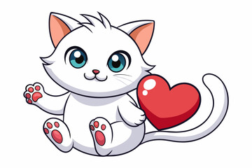 A white kitty holds a heart in her paw logo vector illustration