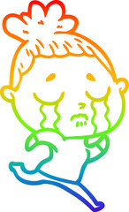 rainbow gradient line drawing of a cartoon crying woman running away