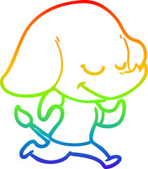 rainbow gradient line drawing of a cartoon smiling elephant running