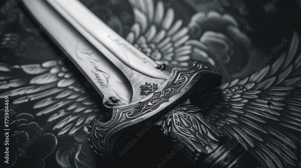 Poster a unique silver sword with wings on a striking black backdrop. ideal for fantasy and weapon-themed p