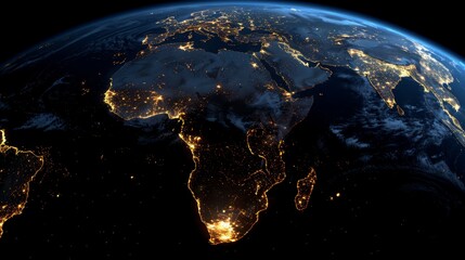 A dark and moody image of the Earth at night. The continents are lit up with a blue hue, giving the impression of a peaceful and serene night sky