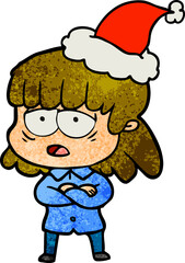 hand drawn textured cartoon of a tired woman wearing santa hat