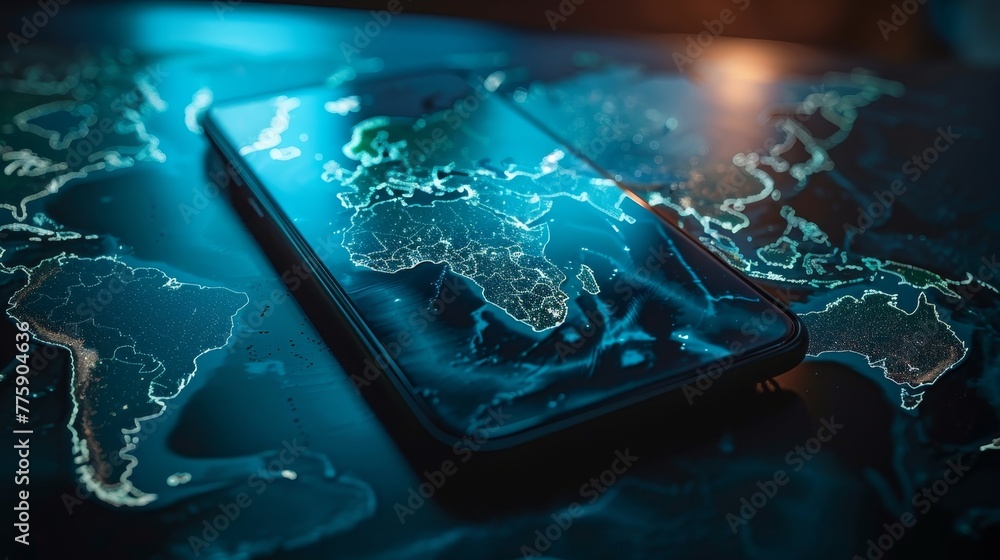 Poster a cell phone is on a table with a map of the world behind it. the phone is turned off and the map is