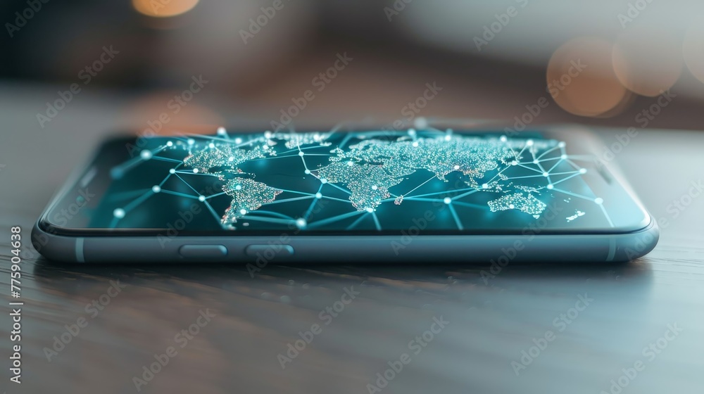 Poster a cell phone with a map of the world on the screen. the map is made up of lines and dots, and it is 