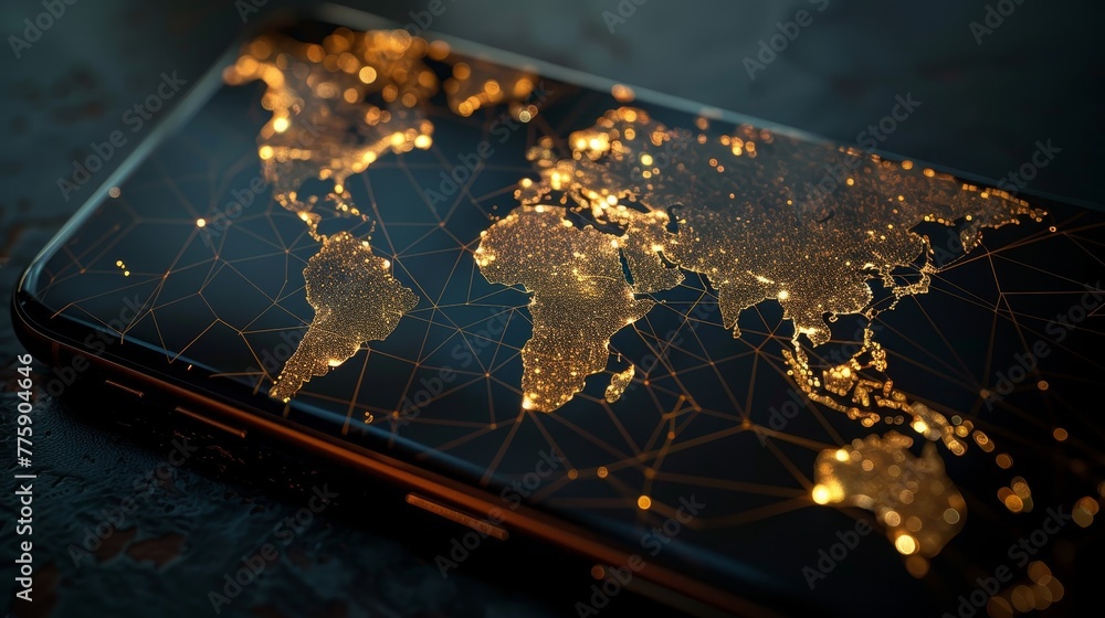 Poster a phone with a map of the world on it. the map is lit up with a warm glow