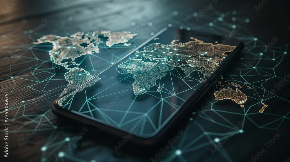 Poster a cell phone is on a table with a map of the world on it. the phone is surrounded by a web of lines,