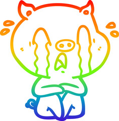 rainbow gradient line drawing of a crying pig cartoon